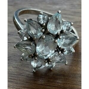 925 Silver Flower Ring Sterling Silve & Pale Blue Topaz Gemstones Size 7.75